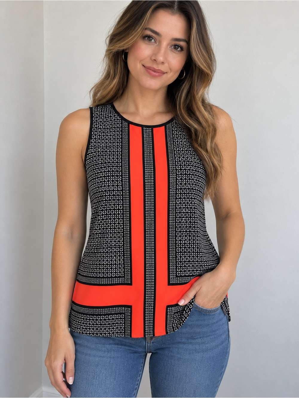 Vince Camuto Geometric Mod Print Sleeveless Blouse Medium Orange Black Keyhole